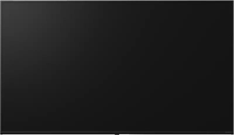 Una TV a schermo piatto nera con una cornice sottile su sfondo scuro.