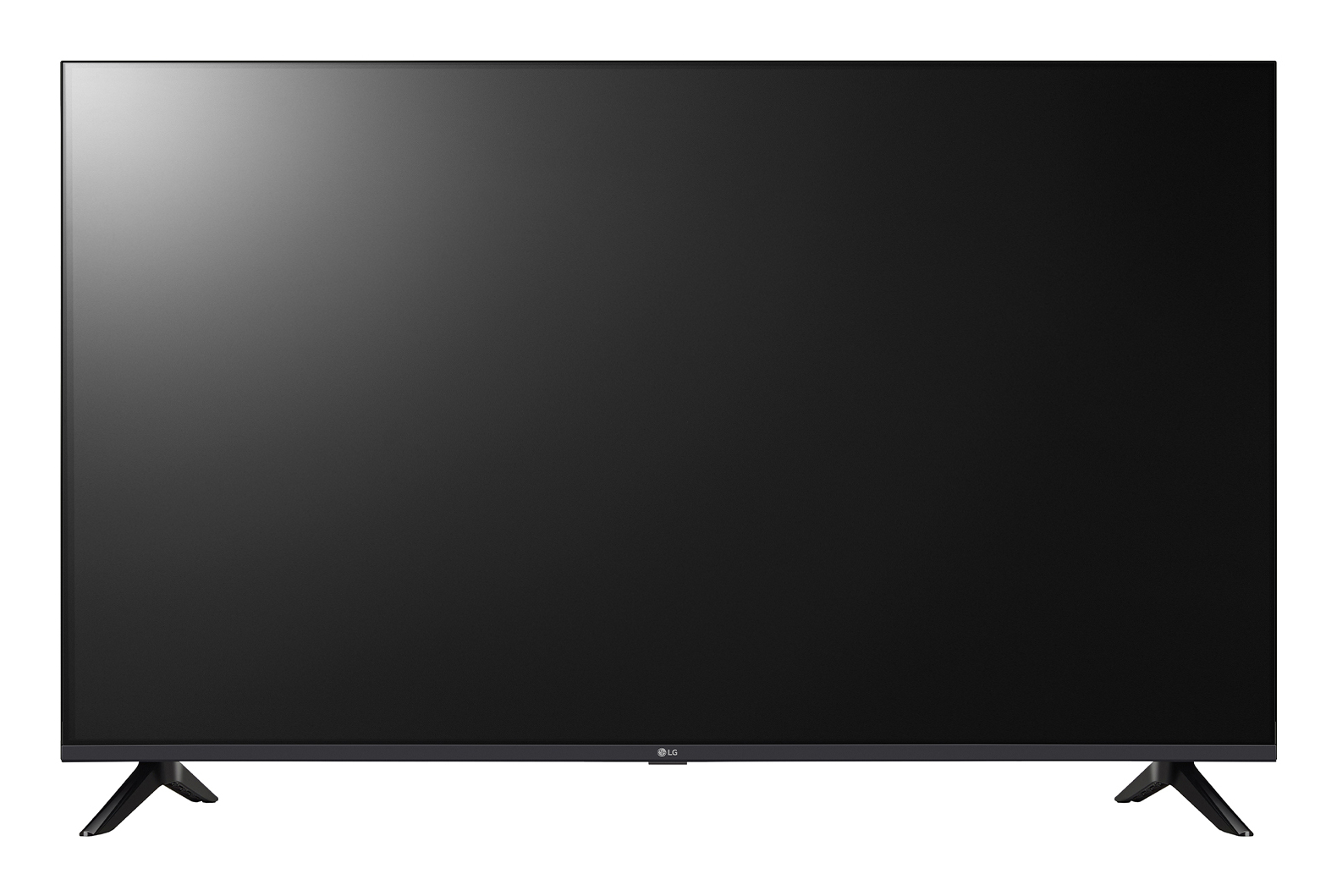 Una TV a schermo piatto LG nera su piccoli supporti su sfondo bianco.