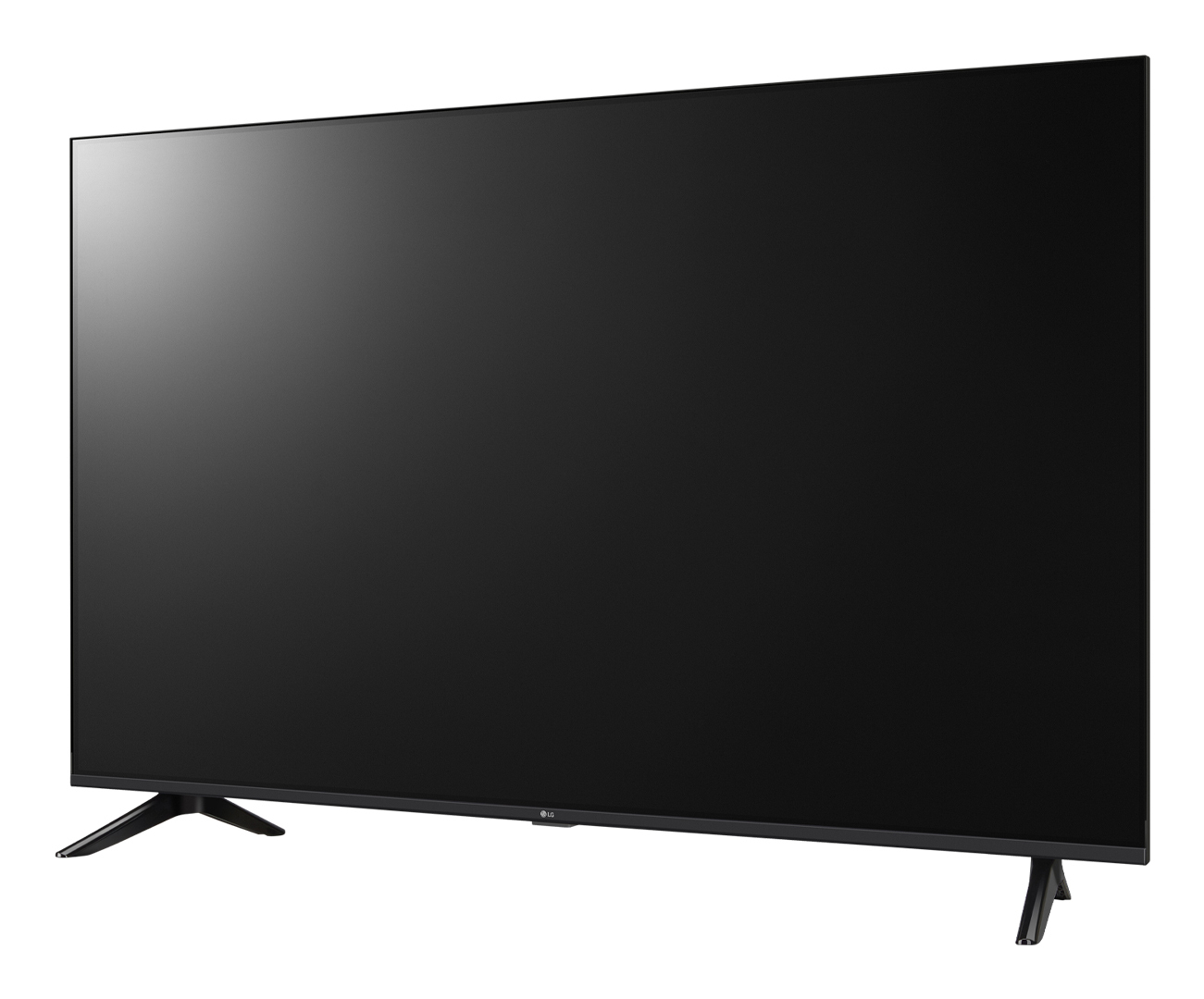Una grande TV a schermo piatto nera con cornici sottili poggia su due gambe a V contro uno sfondo bianco.