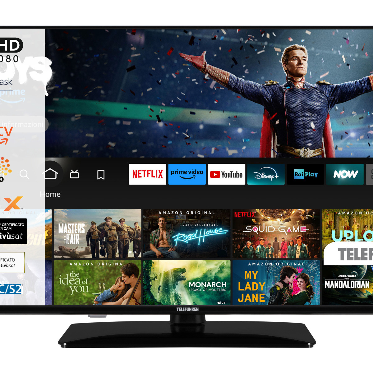 Una TV mostra la schermata iniziale con loghi di app come Netflix e Prime Video e vari consigli di serie.