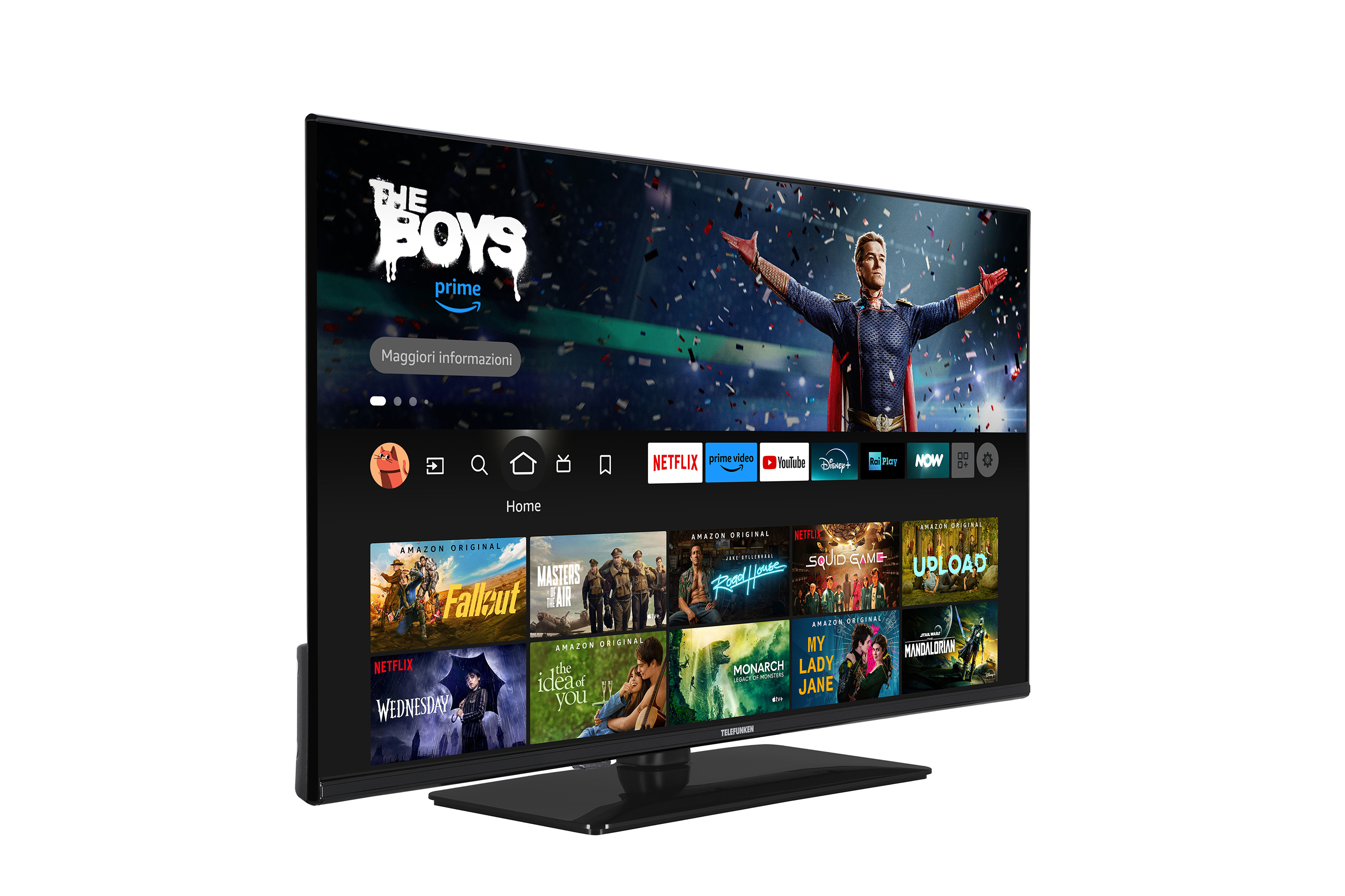 Una smart TV mostra una schermata iniziale con app di streaming popolari, film e serie.