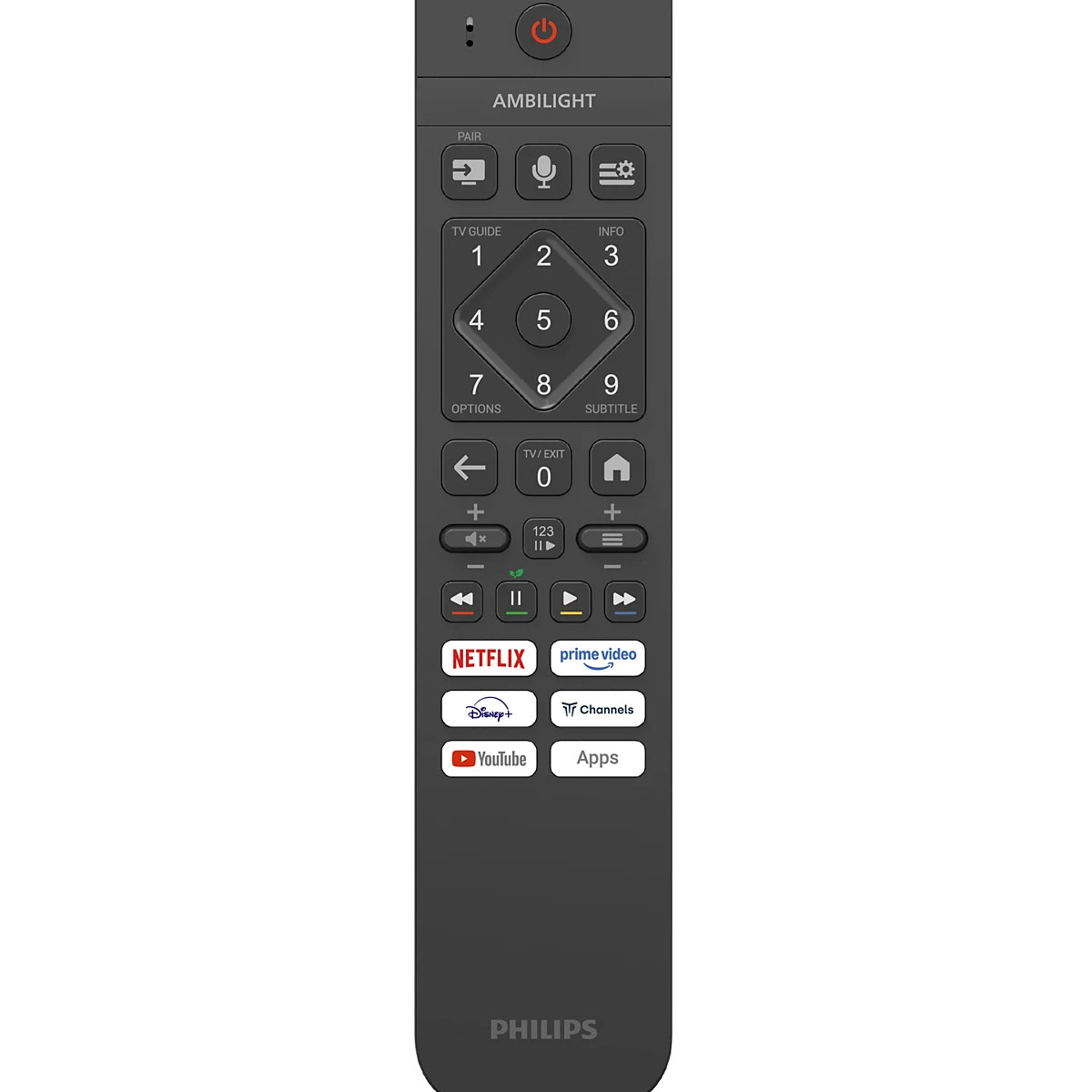 Telecomando Philips nero con numeri, navigazione e pulsante Netflix.