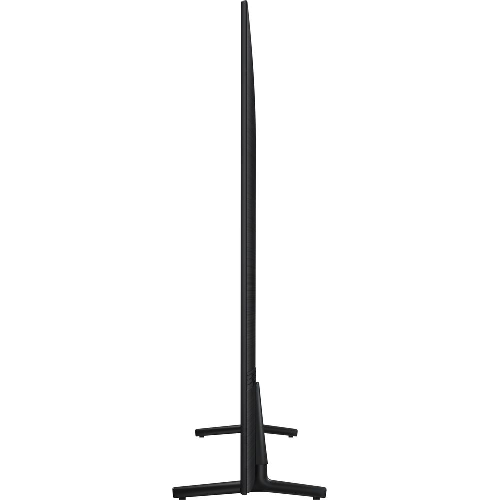 Vista laterale di un televisore nero molto sottile con supporti su sfondo bianco.