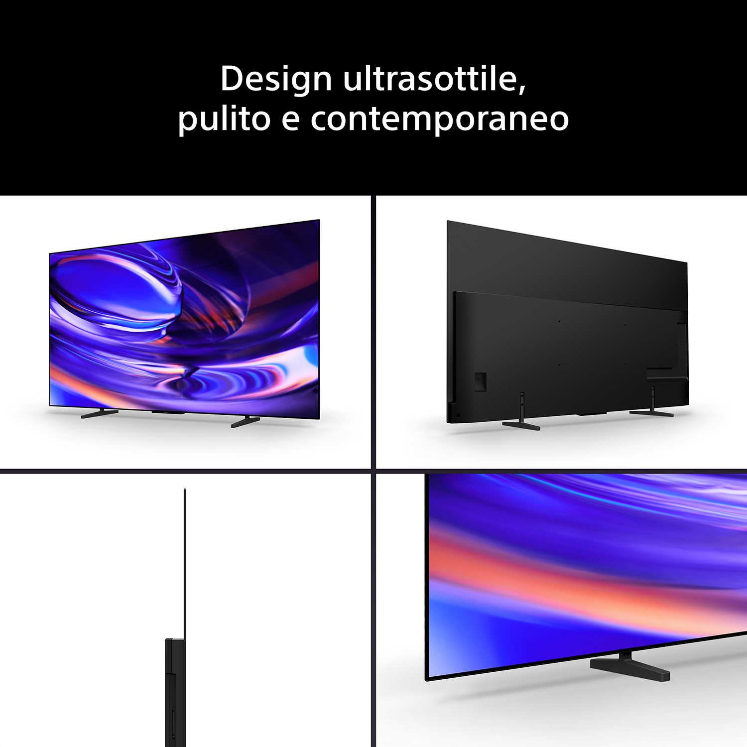 Vier Paneele zeigen einen schlanken Fernseher von vorne, hinten, der Seite und nah, mit italienischem Text.