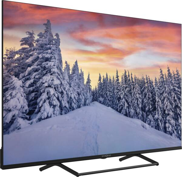 Una TV a schermo piatto mostra un paesaggio invernale con pini inneggiati e un cielo colorato al tramonto.