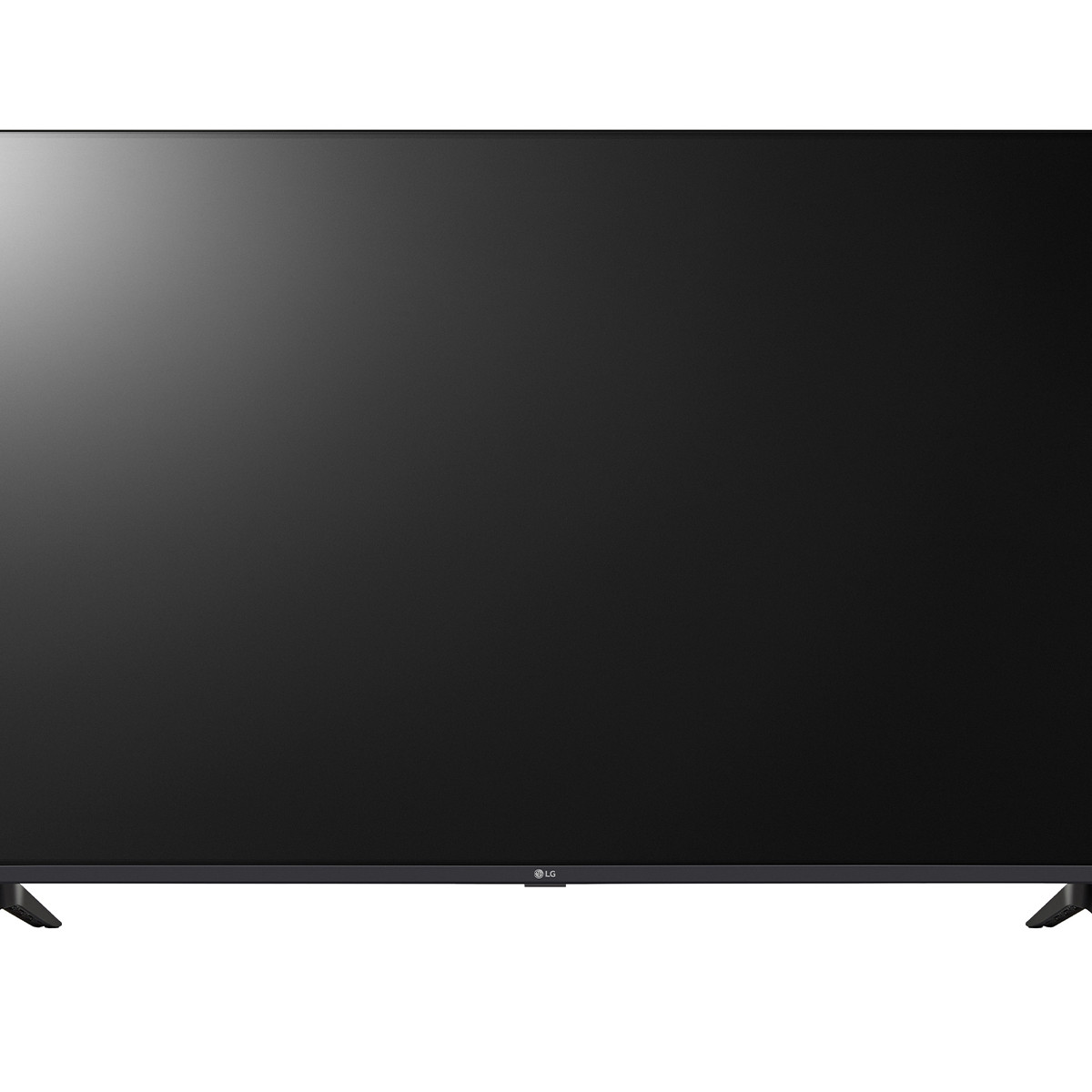 Una TV a schermo piatto LG nera con cornici sottili e piedini piccoli su sfondo bianco.
