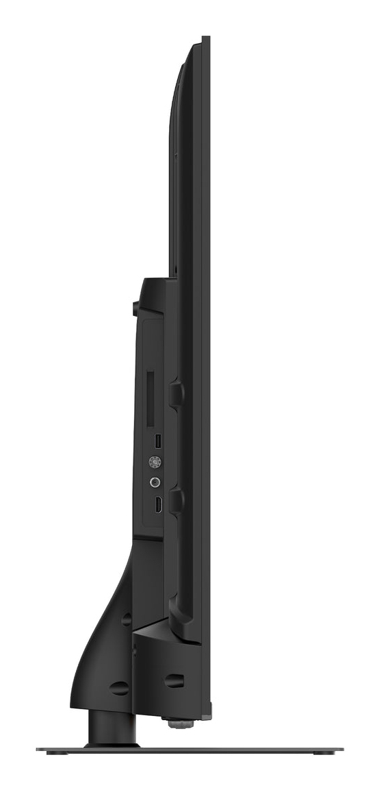 Vista laterale di una sottile televisione nera con porte di connessione visibili sul pannello posteriore e supporto piatto.