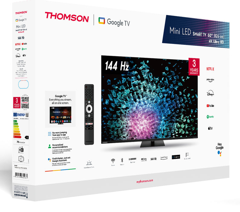 Scatola Thomson Mini LED Google TV con TV, telecomando e loghi dei servizi di streaming.