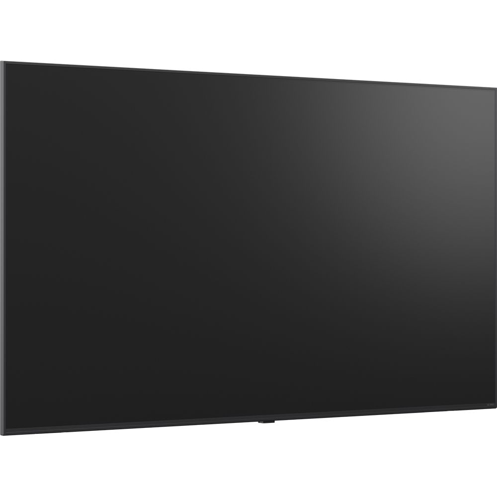Una grande televisione a schermo piatto nera con una cornice sottile su sfondo bianco.