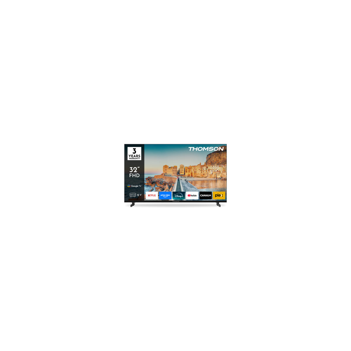 Smart TV Thomson FHD da 32 pollici con interfaccia Google TV e loghi di app.