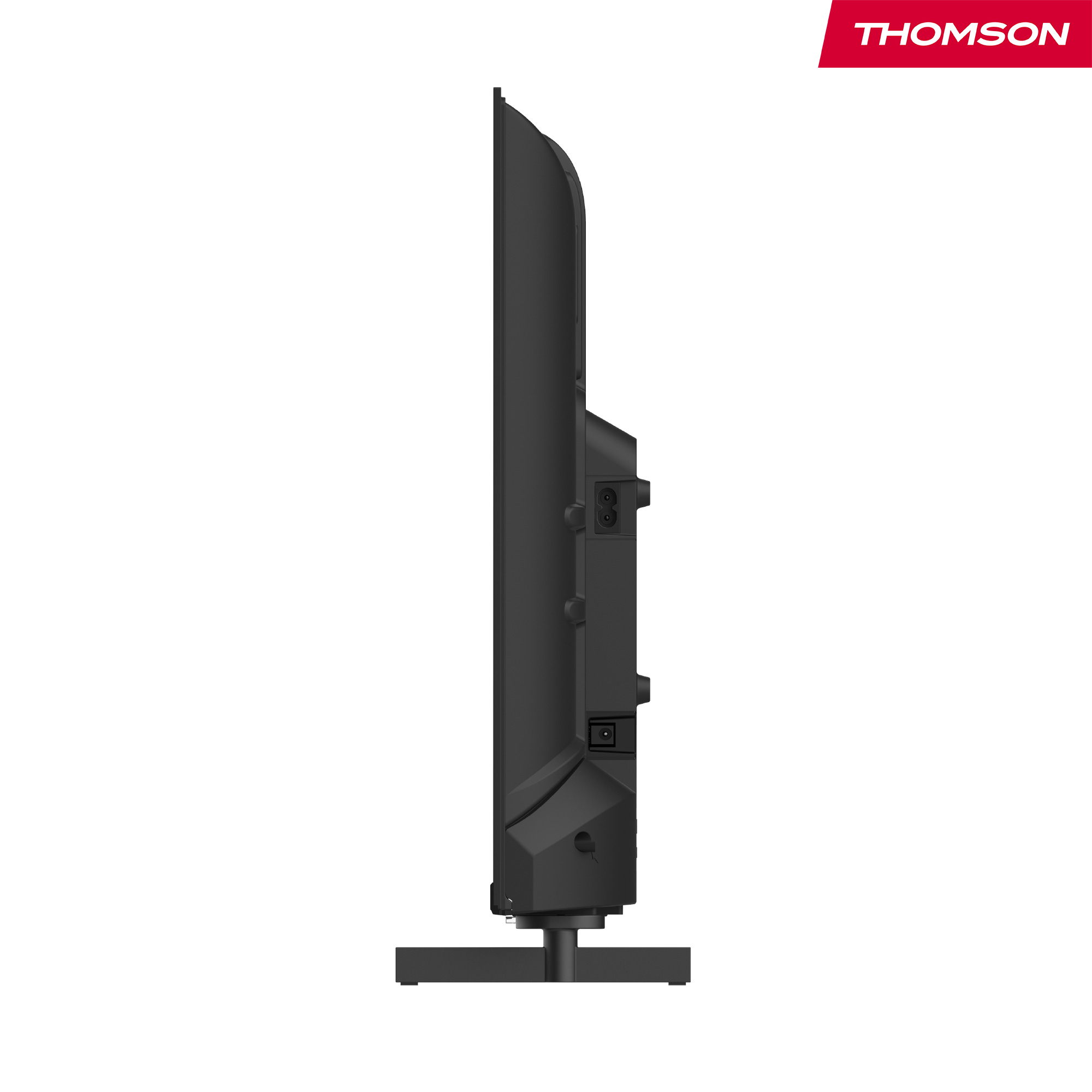 Vista laterale di un televisore Thomson nero piatto con supporto su sfondo bianco.