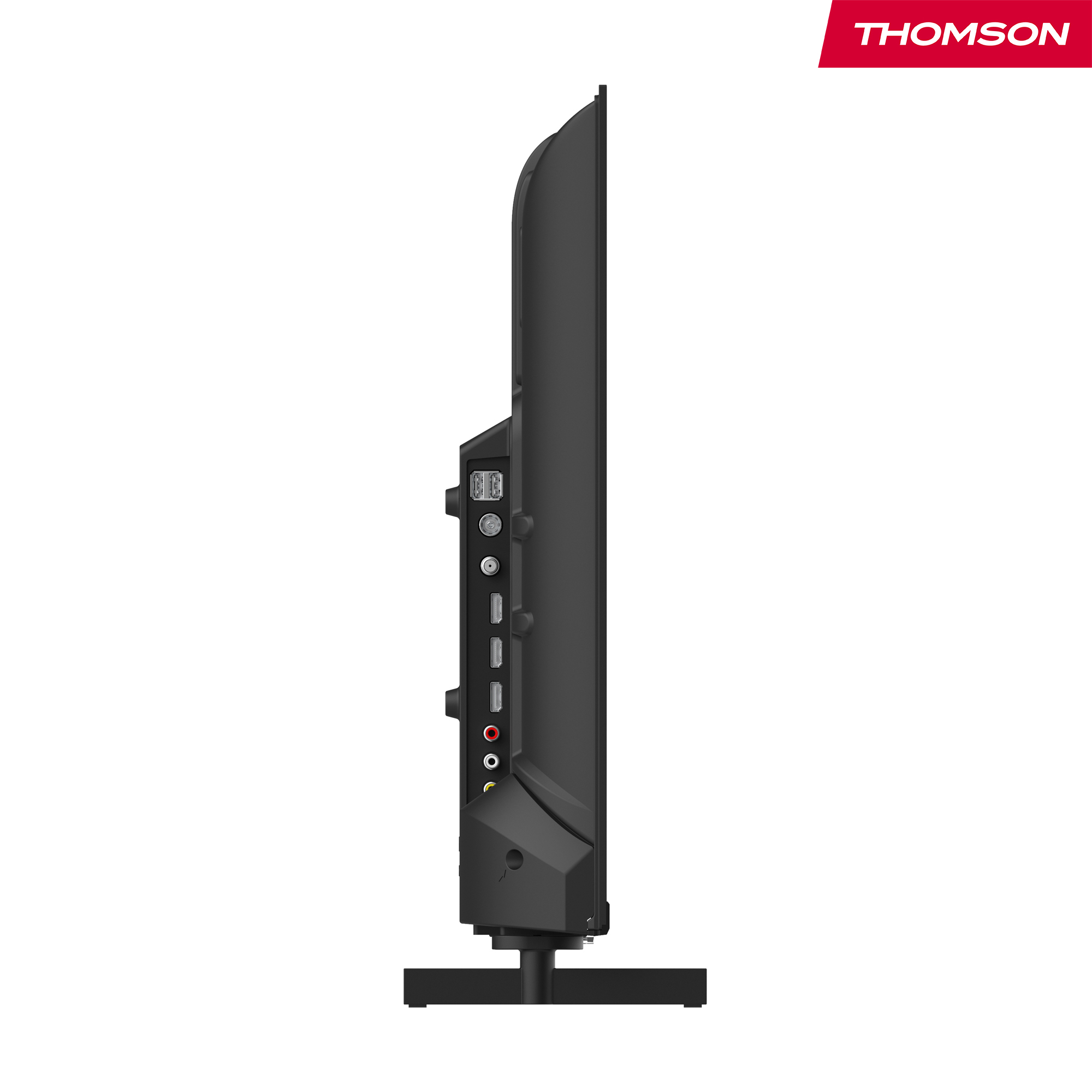 Vista laterale di un televisore Thomson nero con porte visibili sul pannello laterale e logo.