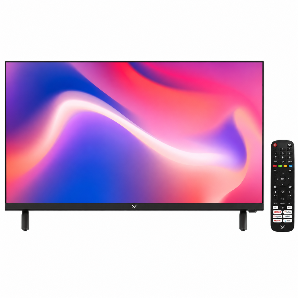 Una TV nera che mostra un'immagine astratta blu e rosa, con un telecomando accanto su sfondo bianco.