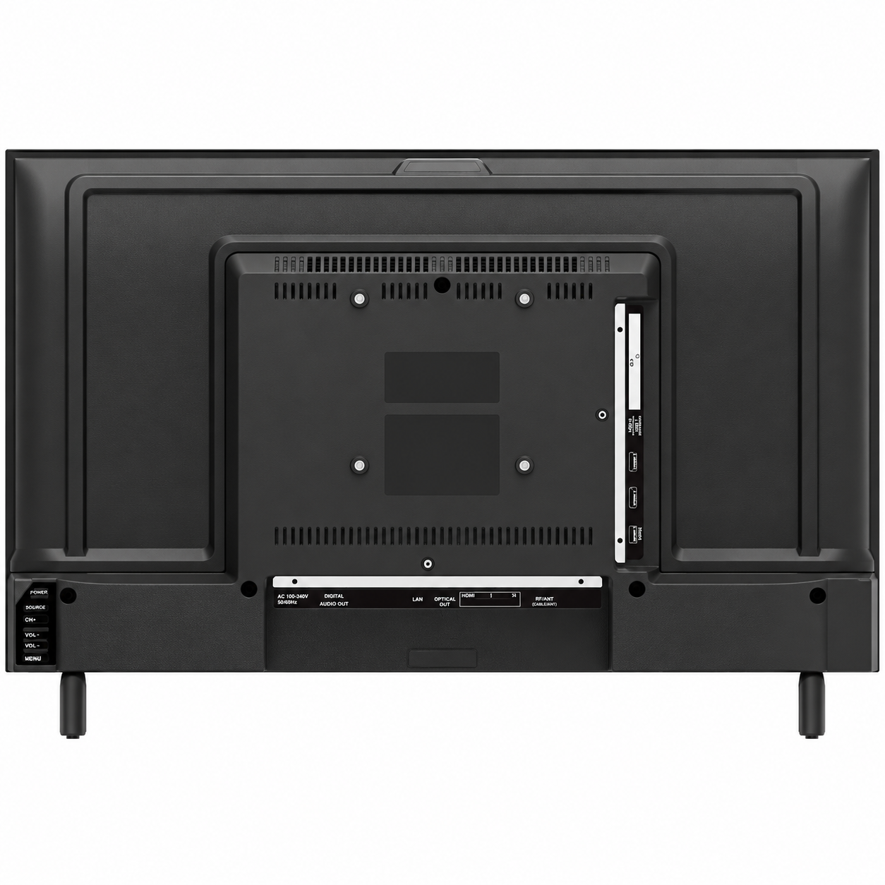 Vista posteriore di un televisore a schermo piatto nero con varie porte di connessione e supporti.