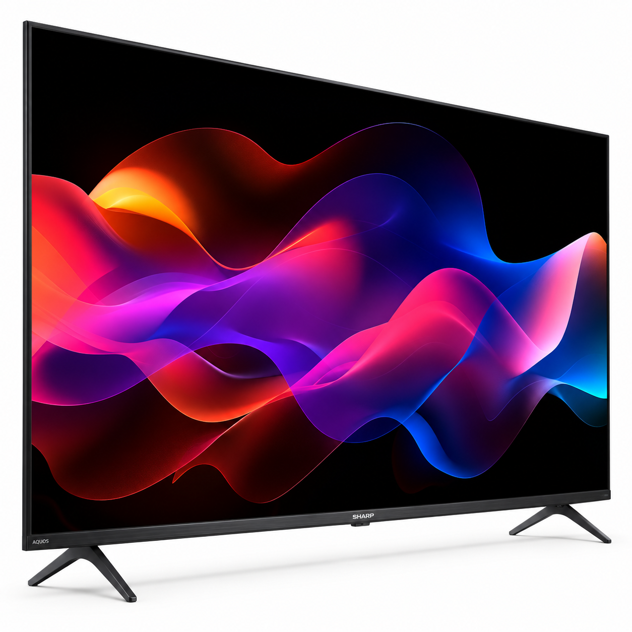 Una TV a schermo piatto Sharp su sfondo bianco mostra onde astratte colorate di rosso, viola e blu.