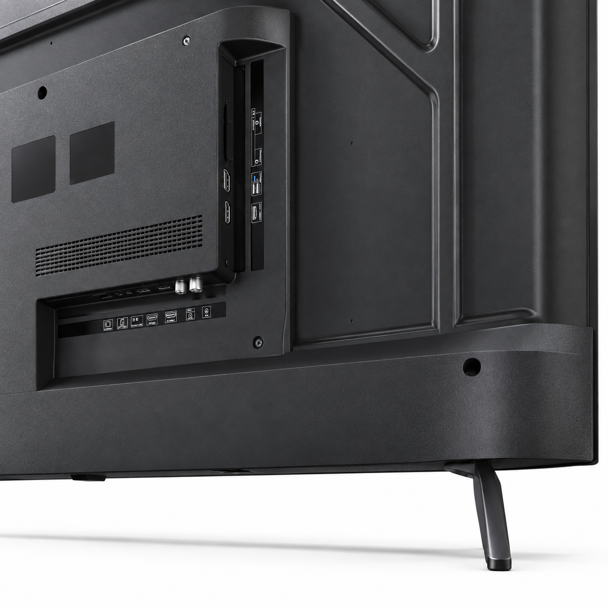 Vista posteriore di un televisore nero con porte e un supporto su sfondo bianco.