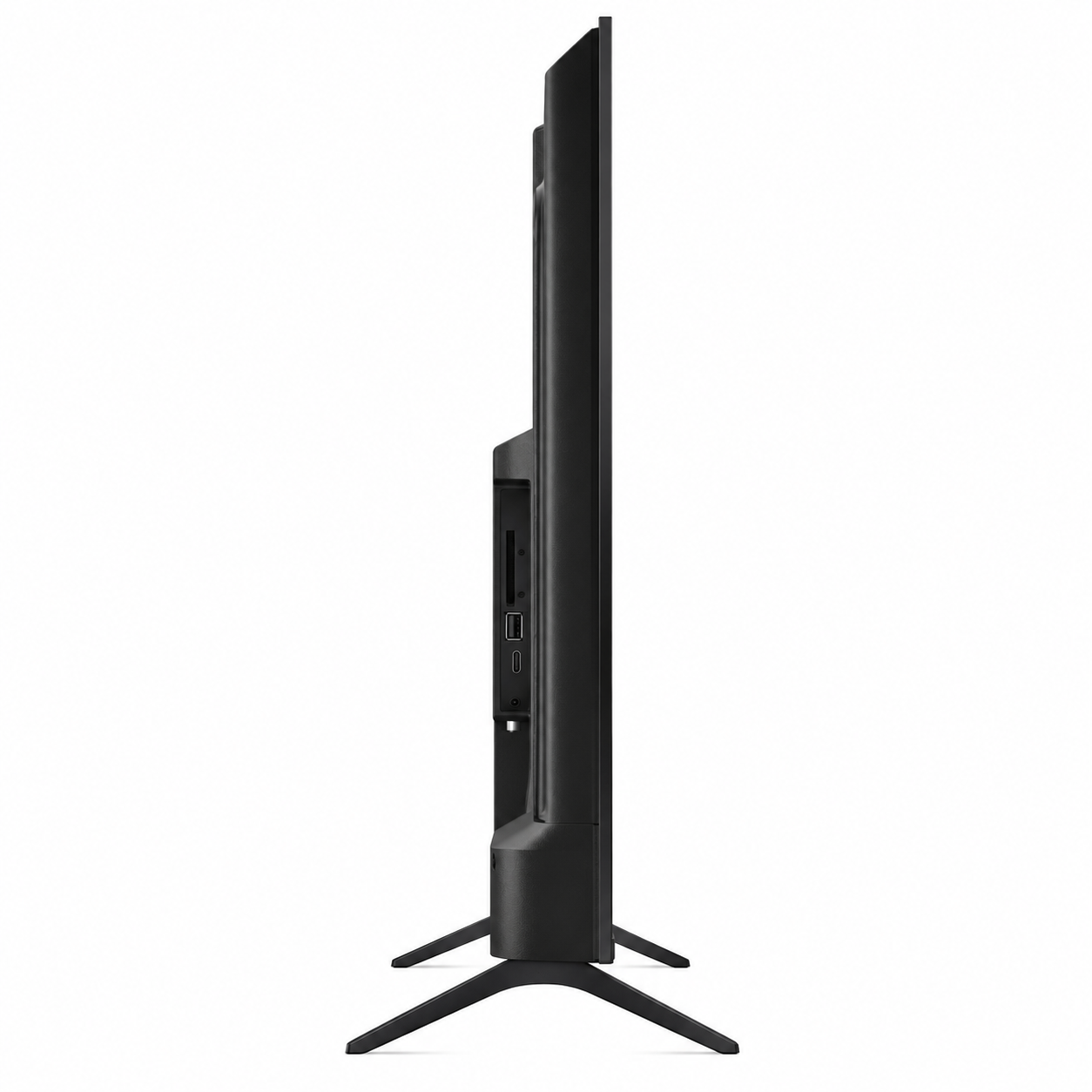 Vista laterale di una moderna TV a schermo piatto nera su supporto, con le porte sul pannello posteriore.