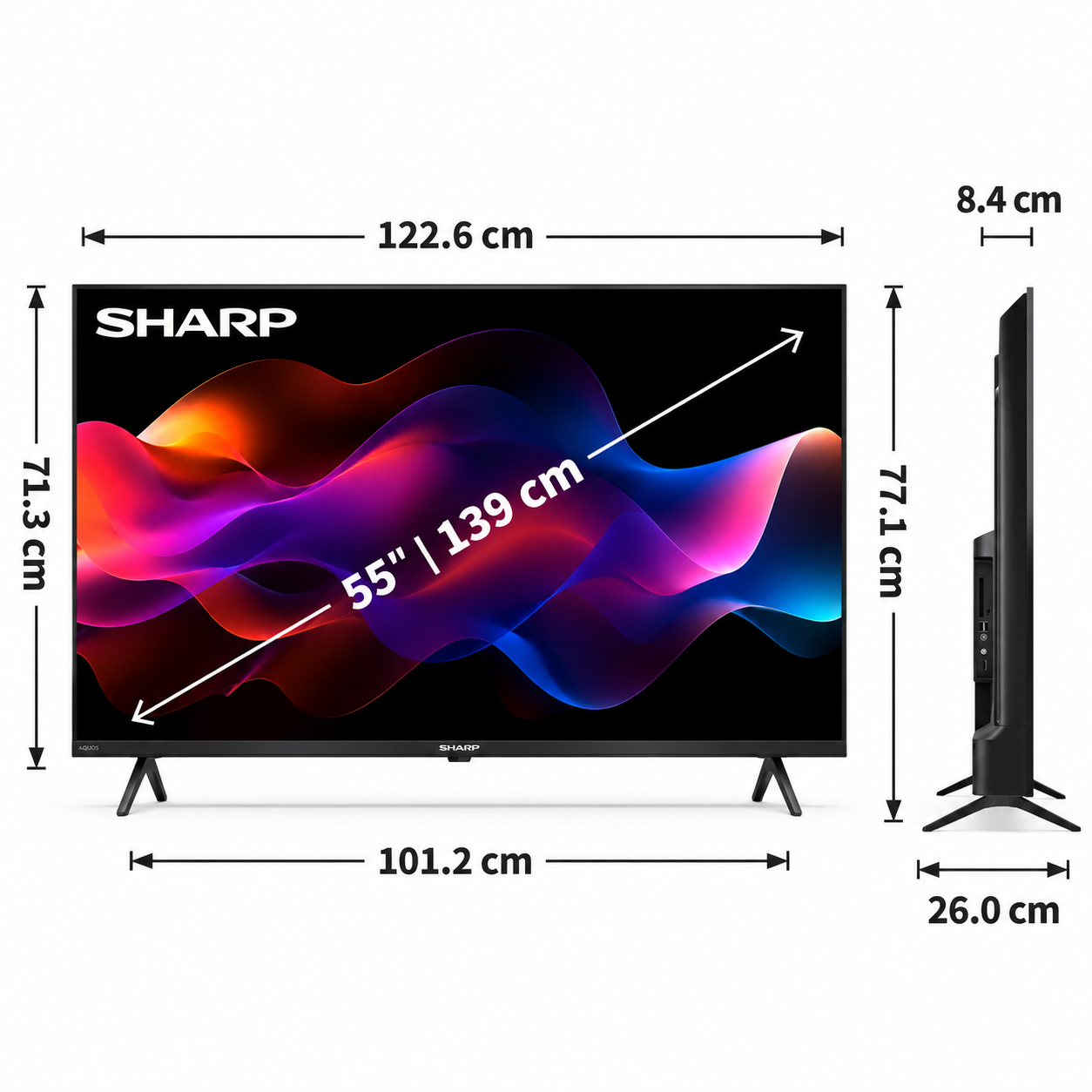 Vista anteriore e laterale di un televisore Sharp che mostra le dimensioni dello schermo e del corpo.