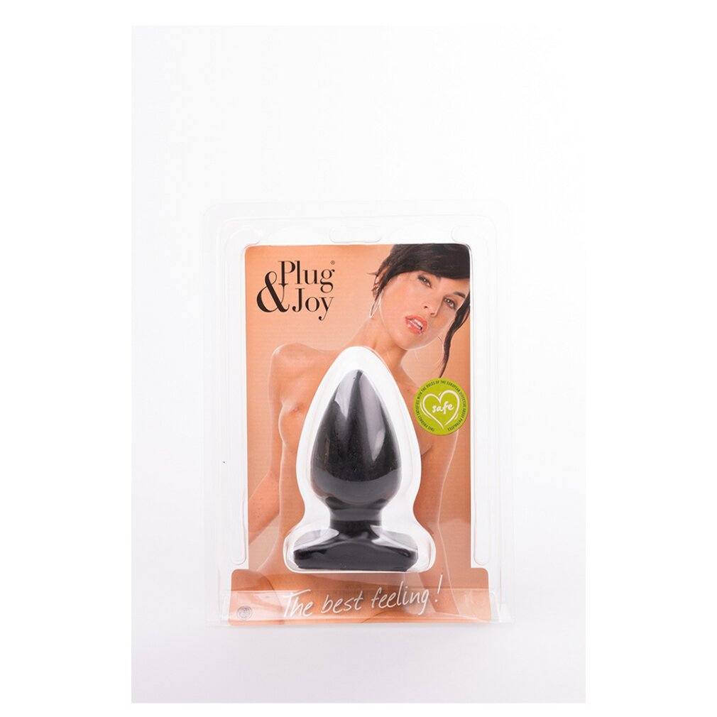 Ein schwarzer Analdildo in Verpackung mit Plug and Joy Logo und Model vor weißem Hintergrund.