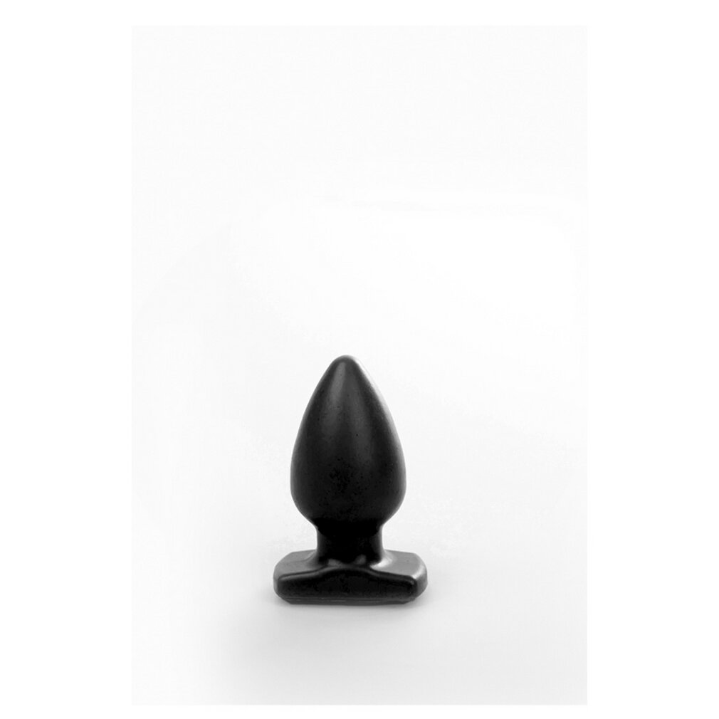 Ein glatter, schwarzer Analdildo steht aufrecht vor einem schlichten, weißen Hintergrund.