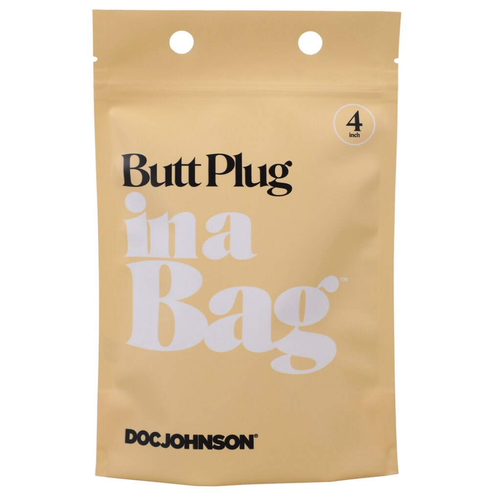 Beige Verpackung mit schwarzer und weißer Aufschrift Butt Plug in a Bag und der Marke Doc Johnson.