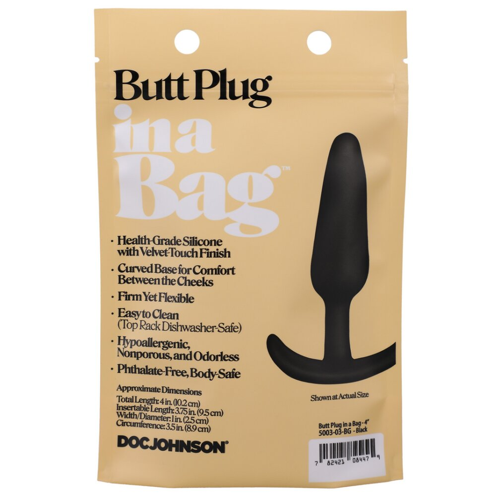 Beige Produktverpackung für einen schwarzen Butt Plug mit Produktinformationen und Strichcode.