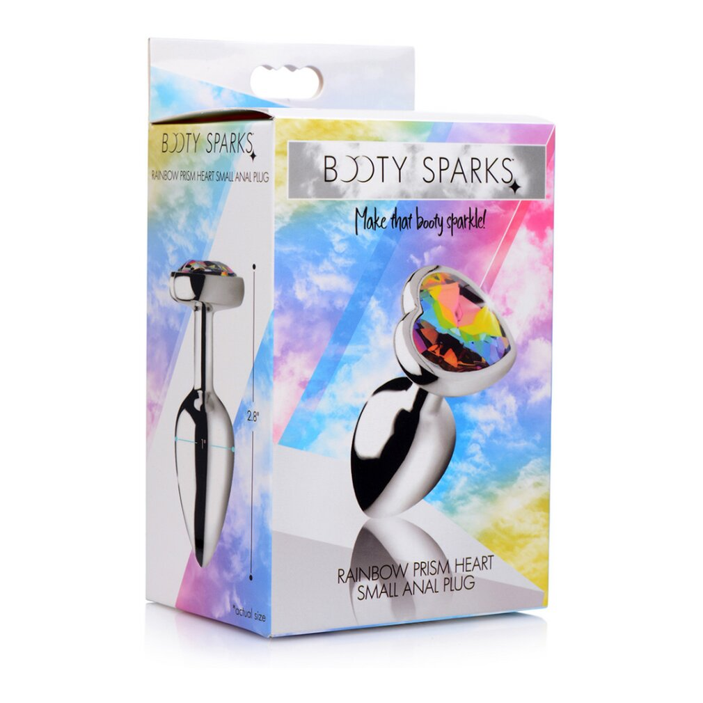 Bunte Verpackung des Booty Sparks Regenbogen-Prisma-Herzen-Analstöpsels mit glänzendem Kristall.