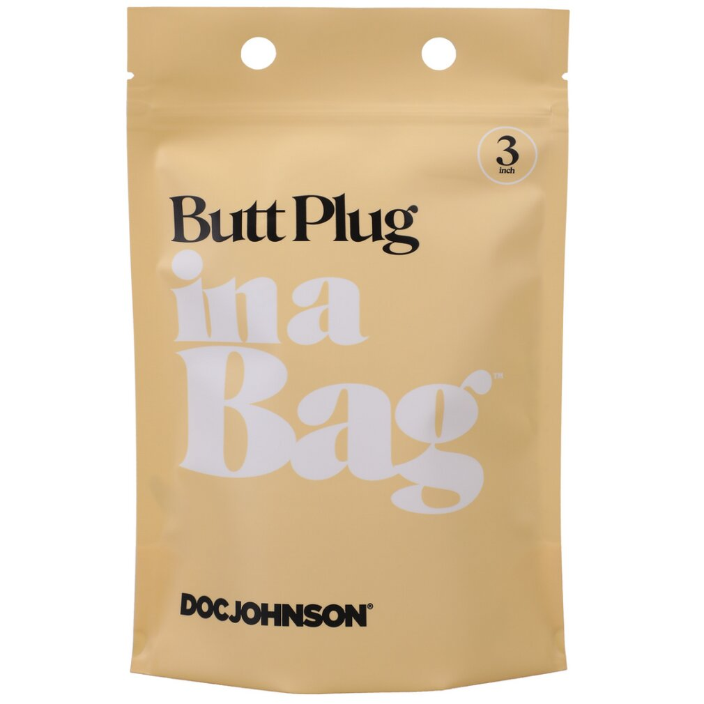Beige Verpackung mit schwarzer und weißer Aufschrift Butt Plug in a Bag von Doc Johnson.