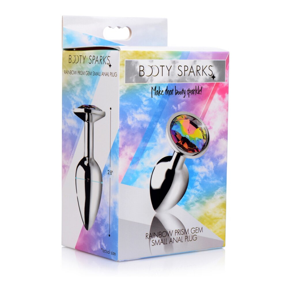 Booty Sparks Produktbox mit Regenbogen-Prisma-Edelstein-Analdildo vor buntem Wolkenhintergrund.