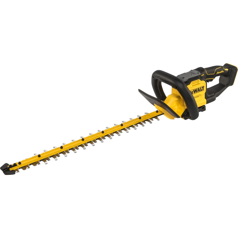 Eine gelb-schwarze DeWalt Akku-Heckenschere mit langem Schneidmesser vor weißem Hintergrund.