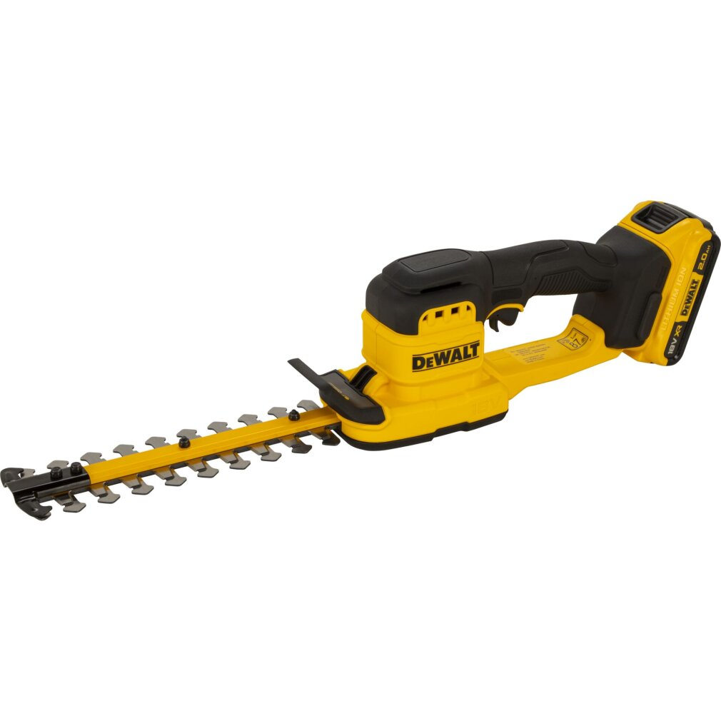 Gelb-schwarze DeWalt Akku-Heckenschere mit langer Klinge auf weiem Hintergrund.