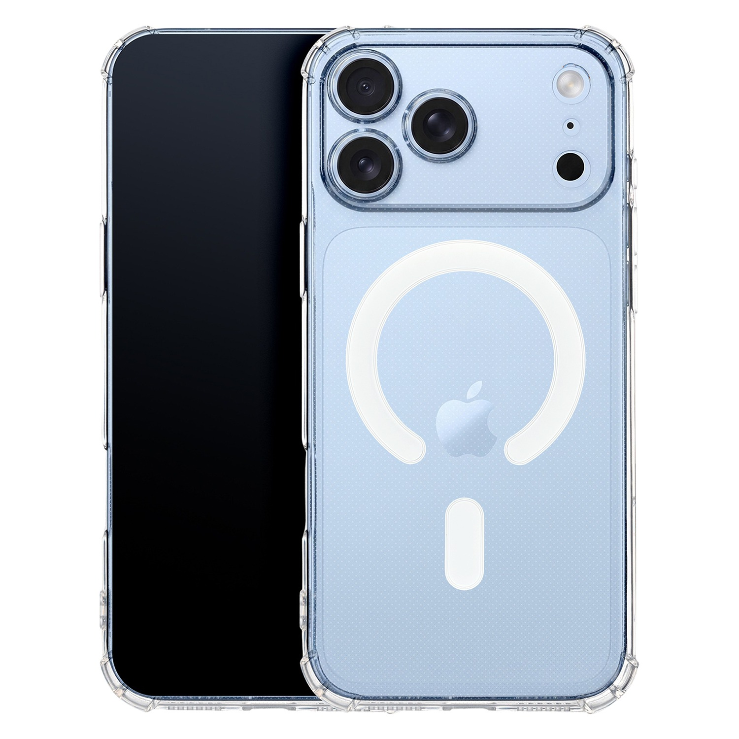 Zwei hellblaue iPhones mit klarer Schutzhülle, MagSafe-Ring und dreifacher Kamera.
