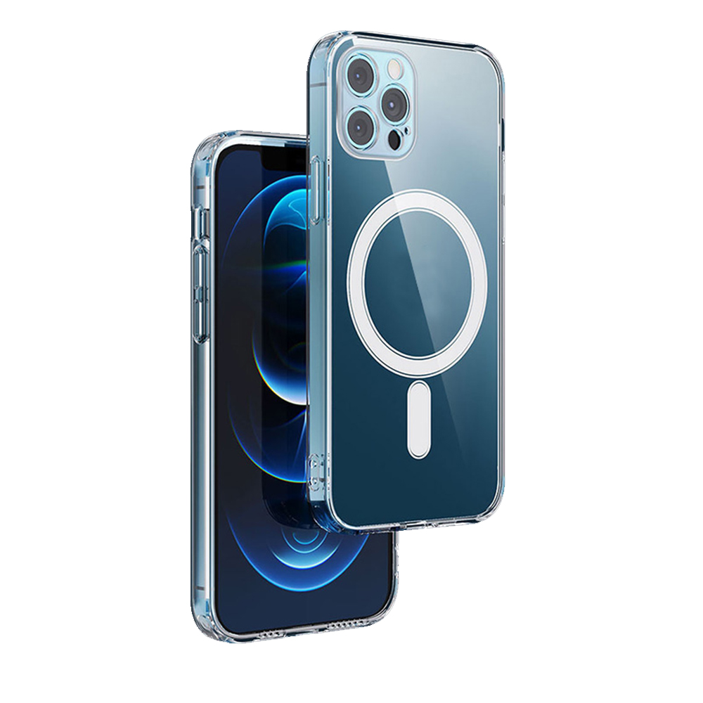 Ein Smartphone mit einer klaren Schutzhülle, die einen kreisförmigen magnetischen Ladekreis auf der Rückseite hat.