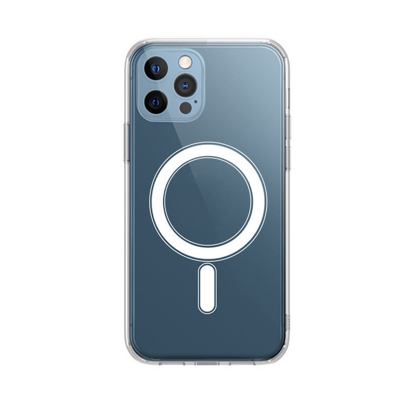 Ein blaues Smartphone mit transparenter Schutzhülle und weißem MagSafe-Ringlogo.