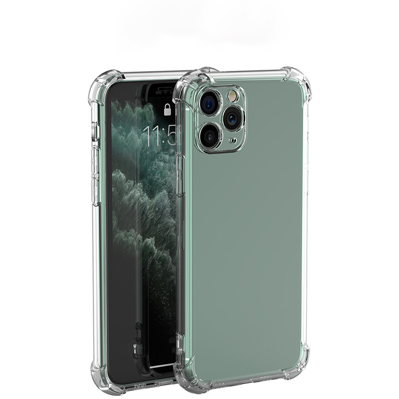 Ein Smartphone mit klarer Schutzhülle und verstärkten Ecken, Vorder- und Rückseite gezeigt.
