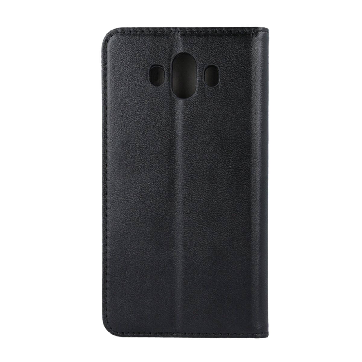Schwarze Leder-Smartphone-Hülle mit Kameraaussparung auf weißem Hintergrund.