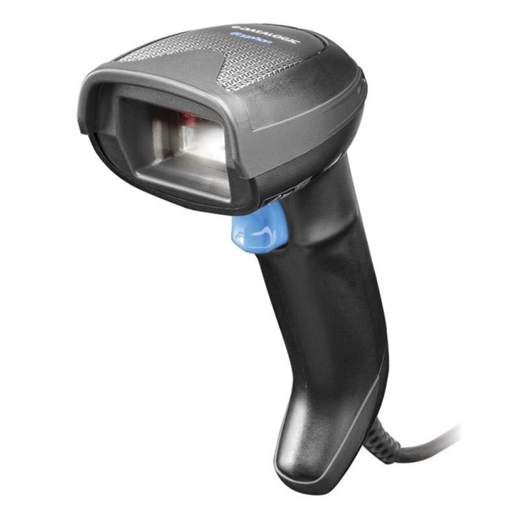 Ein schwarzer Barcodescanner mit blauem Auslöser und einem Kabel auf weißem Hintergrund.