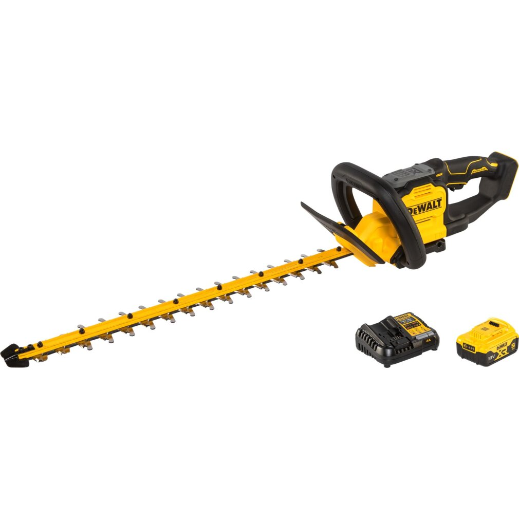 Gelb-schwarze DeWalt Akku-Heckenschere mit langem Messer, Ladegerät und Akku auf weiße Hintergrund.