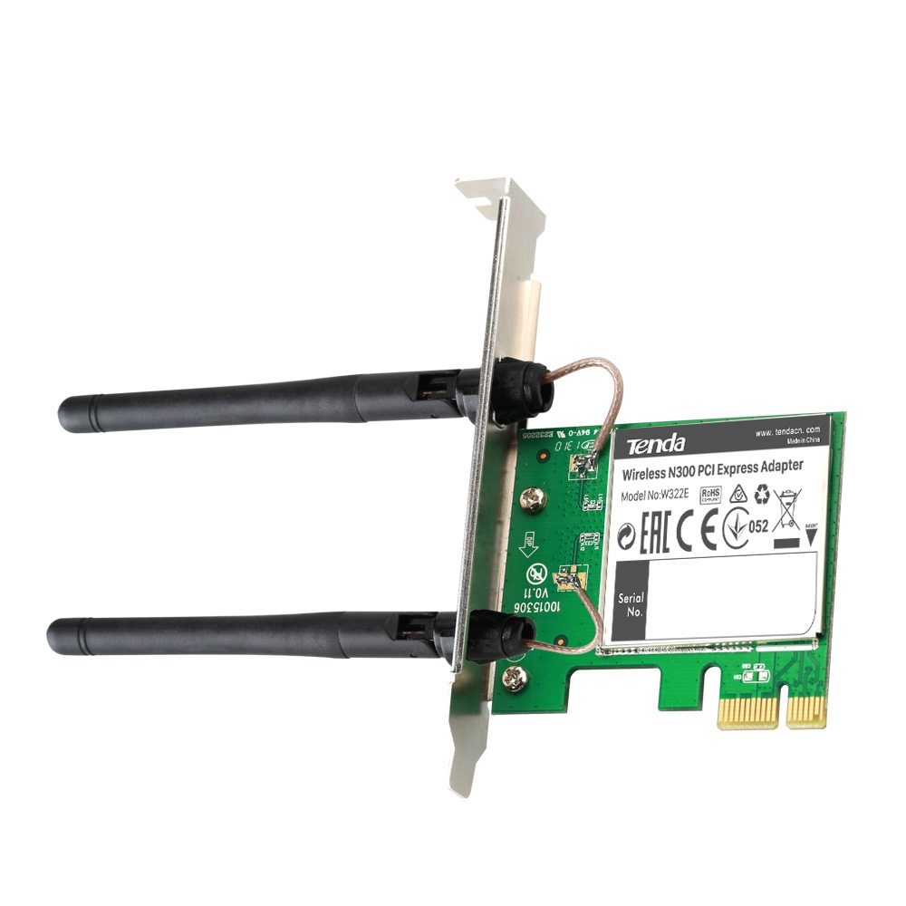 Beyaz arka planda iki siyah antenli yeşil bir Tenda Wireless N300 PCI Express adaptör kartı.