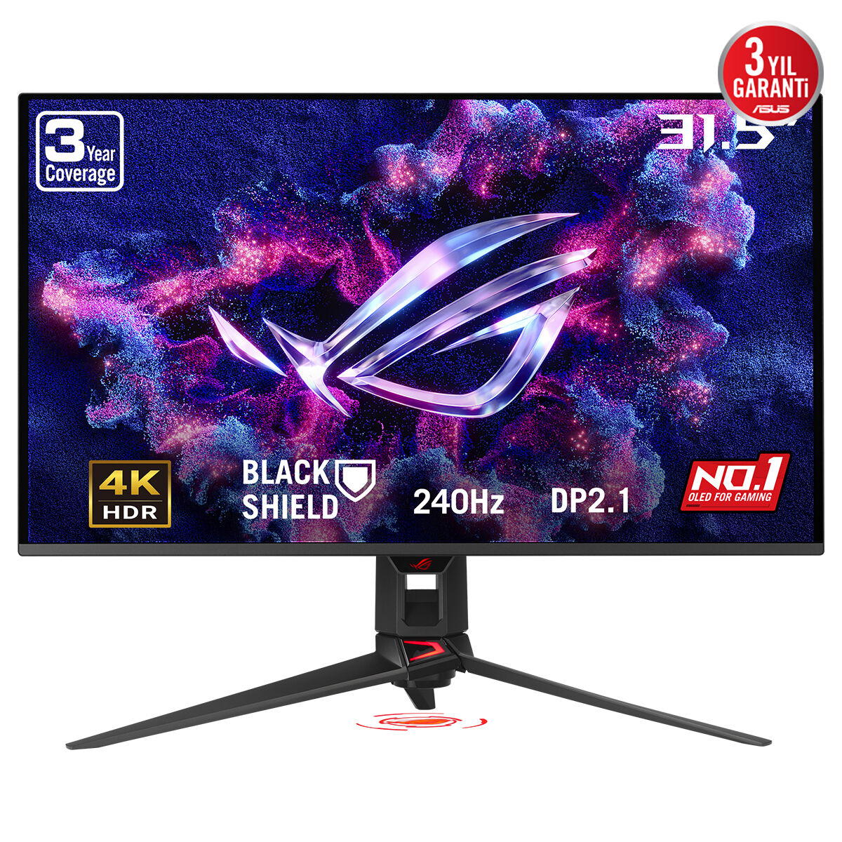 Asus Gaming-Monitor mit 4K, 240Hz, OLED-Bildschirm und Ständer auf weißem Hintergrund.