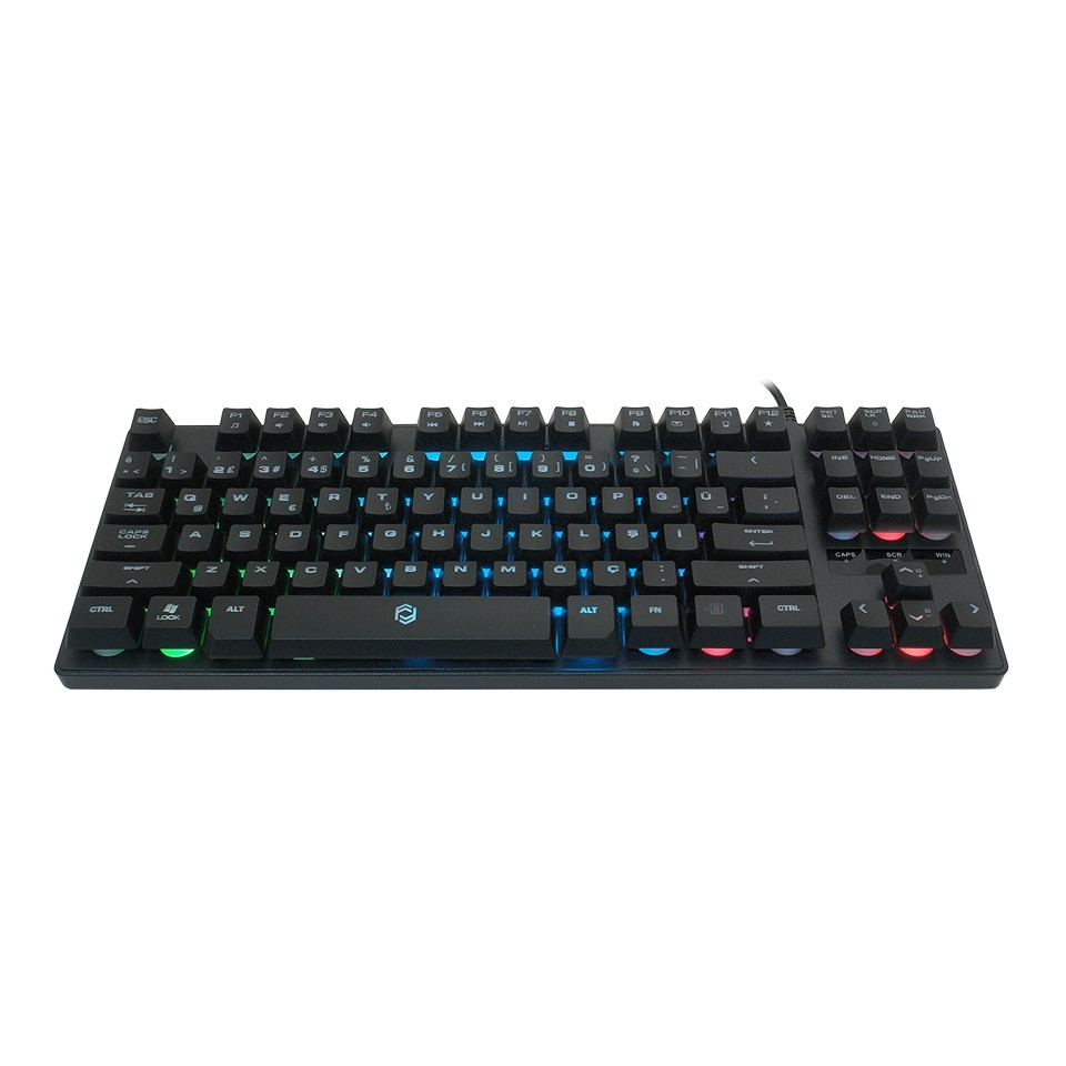 Beyaz arkaplanda renkli RGB aydınlatmalı siyah mekanik oyuncu klavyesi.