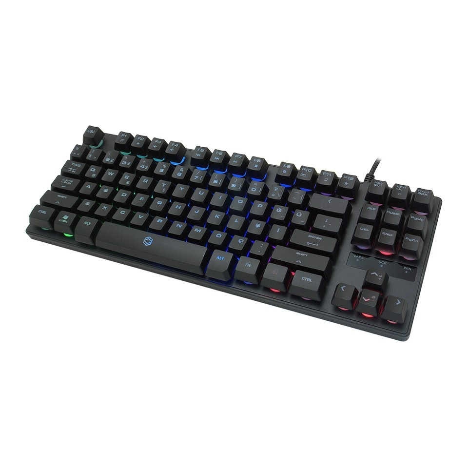 RGB aydınlatmalı siyah mekanik oyuncu klavyesi, beyaz arka planda yüksek açıdan görünüm.
