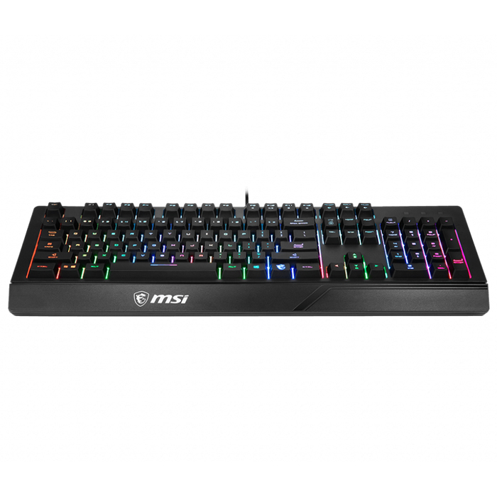 Beyaz arka planda renkli RGB arka aydınlatmalı siyah MSI oyuncu klavyesi.