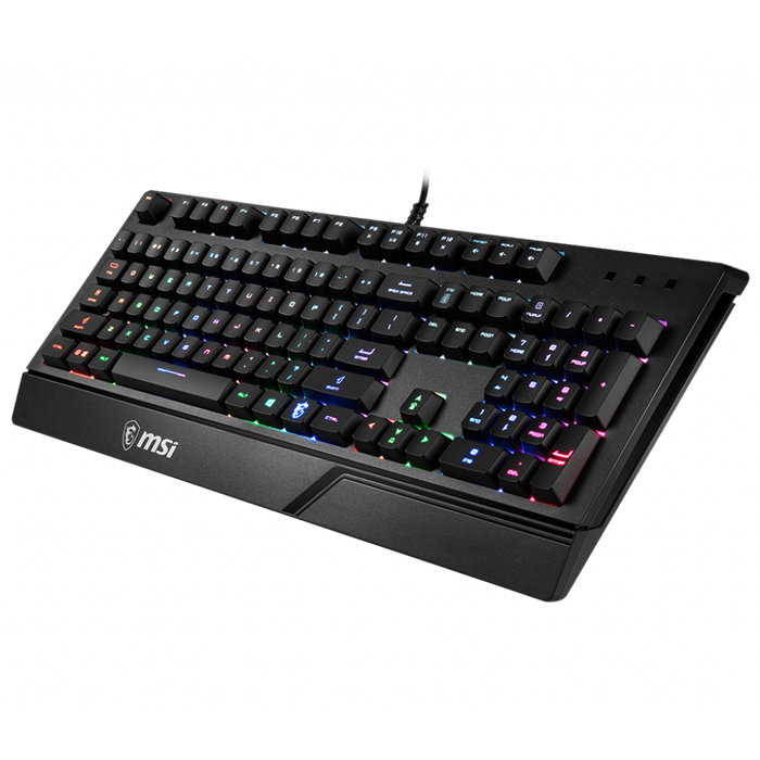 Beyaz arka planda RGB aydınlatmalı siyah bir MSI oyun klavyesi.