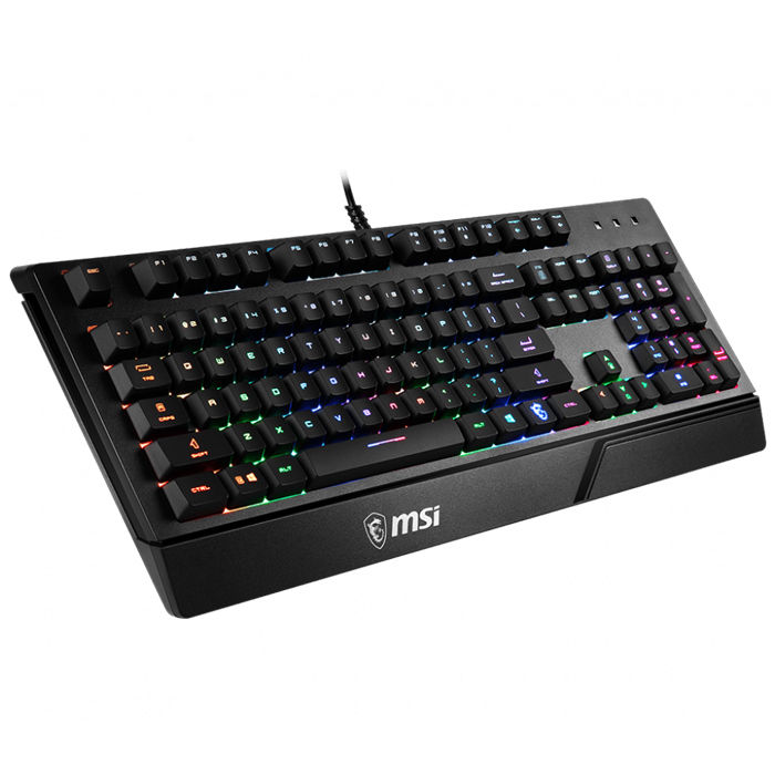 RGB arka aydınlatmalı siyah MSI oyuncu klavyesi, beyaz arka plana karşı açılı bir perspektifle görünmektedir.