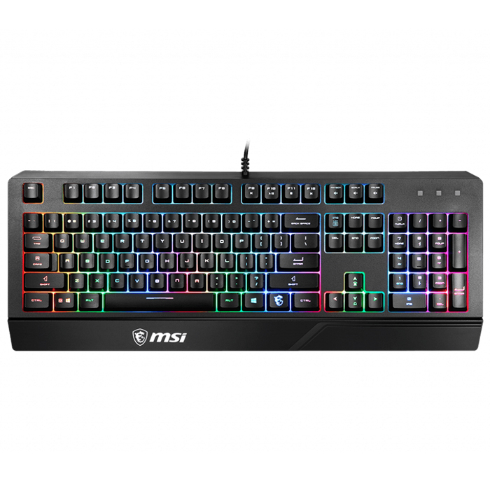 Beyaz arka plan üzerinde renkli RGB aydınlatmalı siyah bir MSI oyuncu klavyesi.