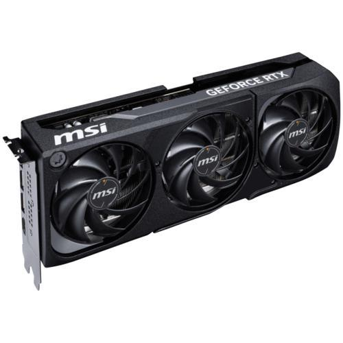 Scheda grafica nera MSI GeForce RTX con tre ventole di raffreddamento e loghi su sfondo bianco.