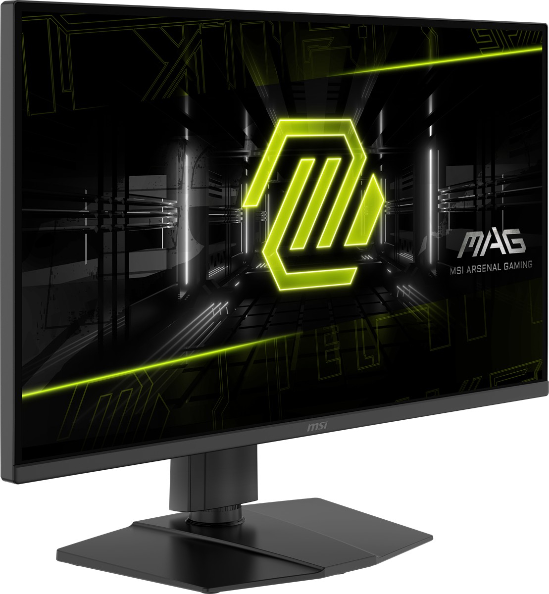 Monitor gamingowy MSI z czarną podstawą i świecącą zieloną tapetą w stylu cyberpunk.
