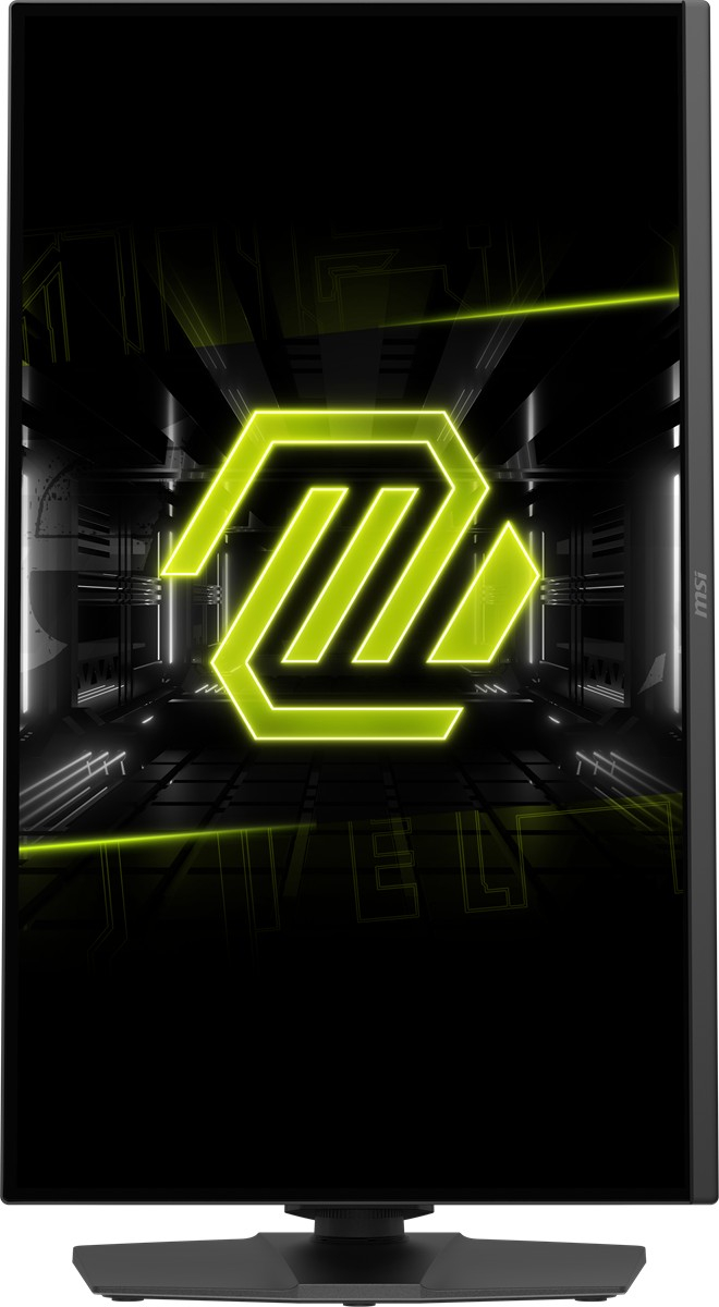 Pionowy monitor komputerowy wyświetla świecące żółte logo MSI na futurystycznym, ciemnym tle.