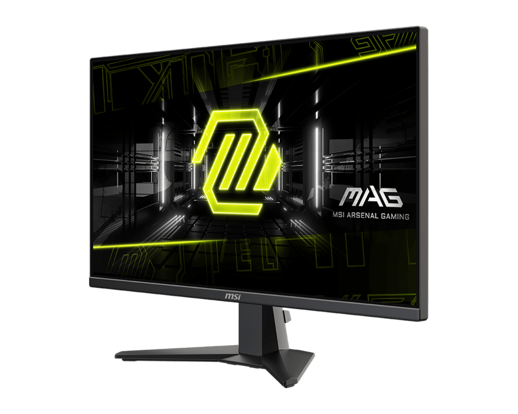 Fütüristik yeşil ve siyah arka plana ve MSI MAG logosuna sahip bir MSI oyun monitörü.